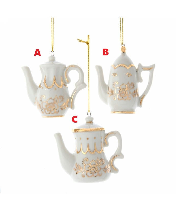 White porcelain teapot ornament with gold jeweled accents and intricate pattern