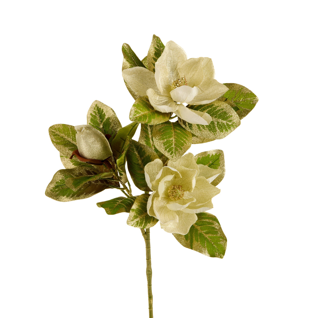 32-inch gold magnolia spray with two open blooms, one bud, and glittered green leaves.