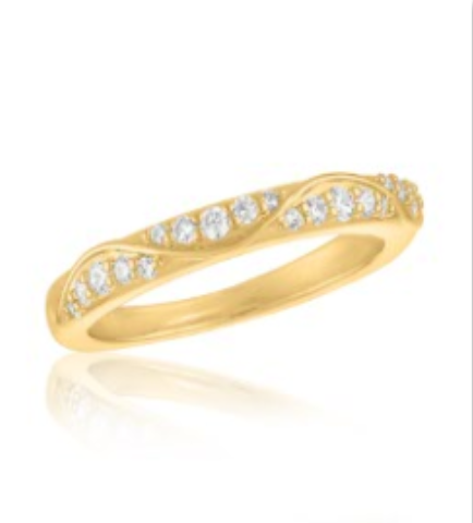 Gold layered eternity ring with cubic zirconia stones on a brass base