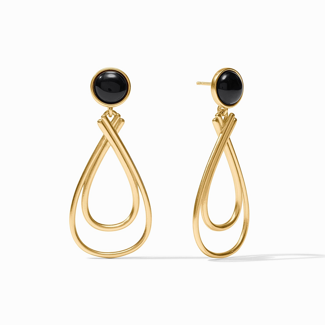 Essex Stone Earrings in 24K gold plate with black stone studs and double teardrop dangles.