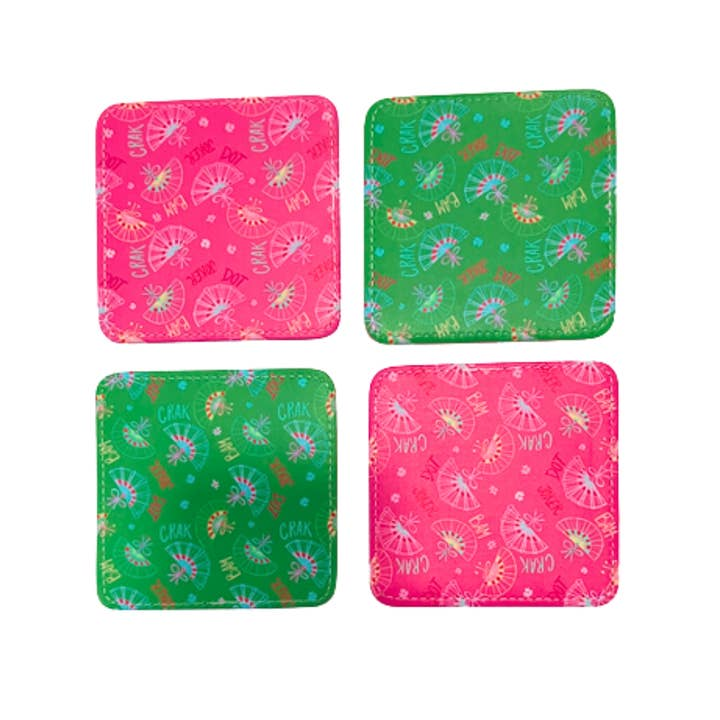 Set of four square Bonjour Mahjong coasters in pink and green with fan and game-themed patterns.