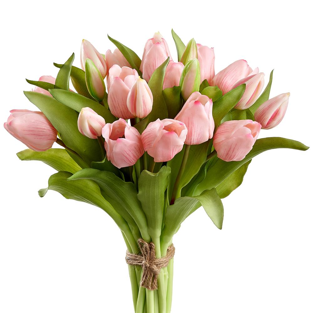 Eleven-point-seven-five-inch artificial tulip bouquet in soft pink with green stems and leaves.