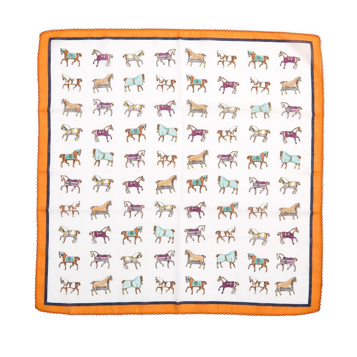 White square scarf with a repeating horse motif, orange border, and delicate lace trim.