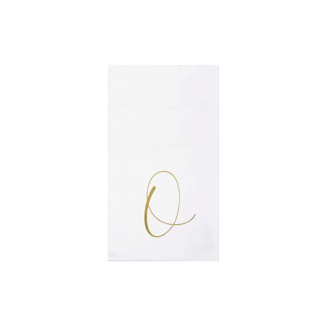 White Papersoft guest towel napkin featuring a gold script monogram letter Q.