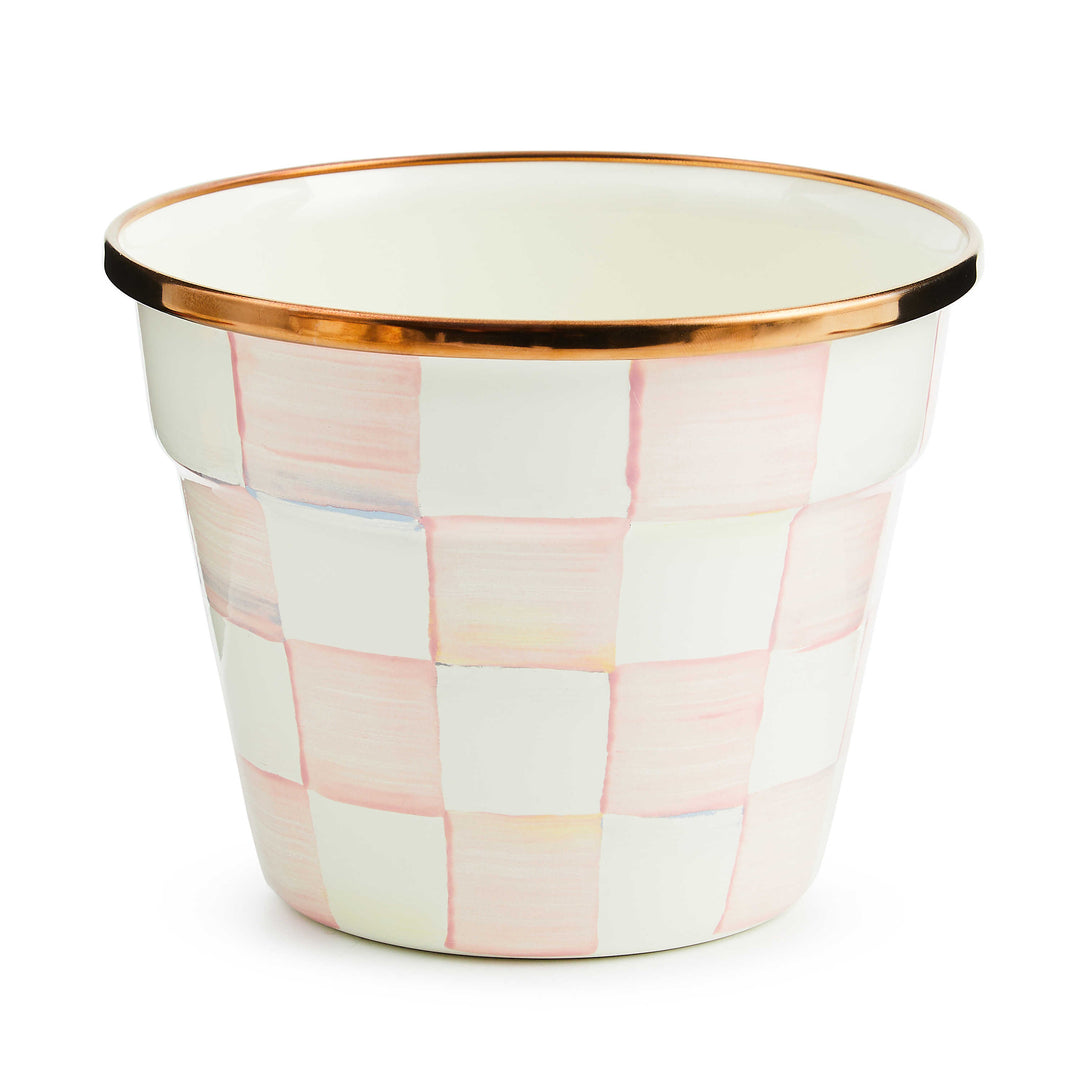 Small garden pot with hand-painted pink and white checks and a bronzed stainless steel rim.