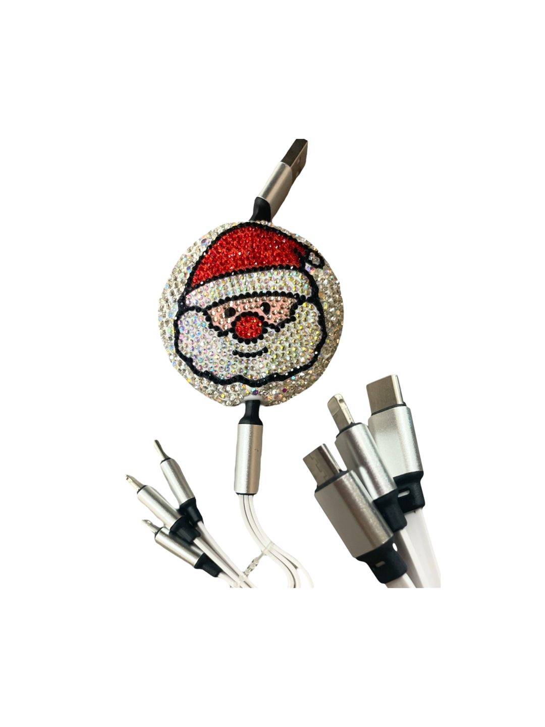 Bling Santa 3-in-1 retractable charger with rhinestone Santa face and multiple charging ends.