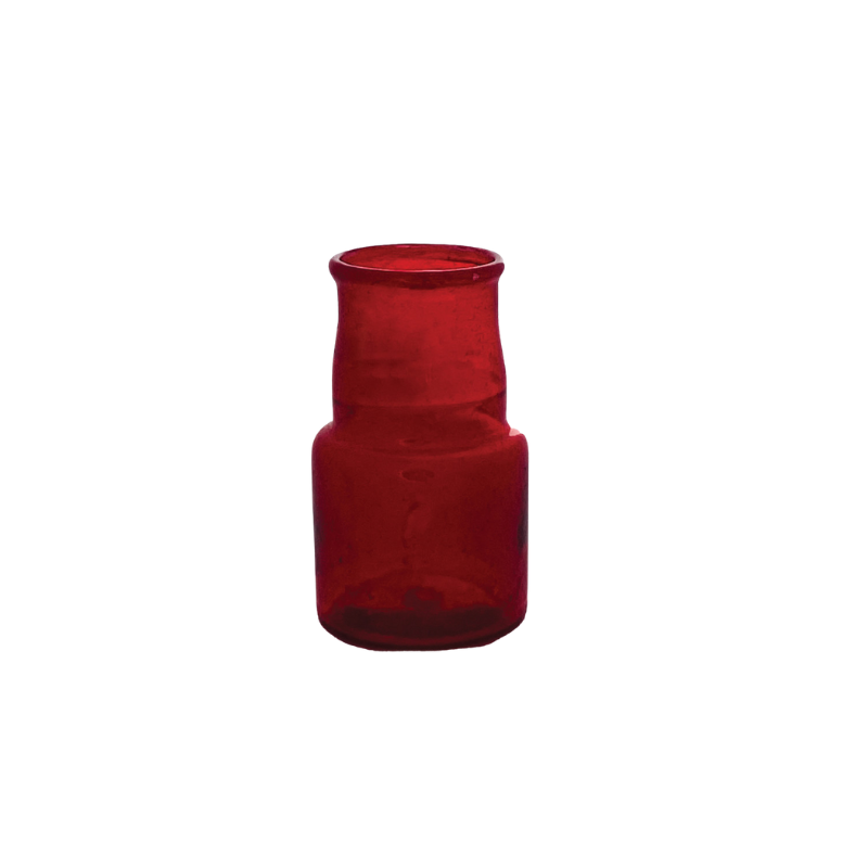 Hand-blown ruby red glass bud vase with a tapered neck and cylindrical base.