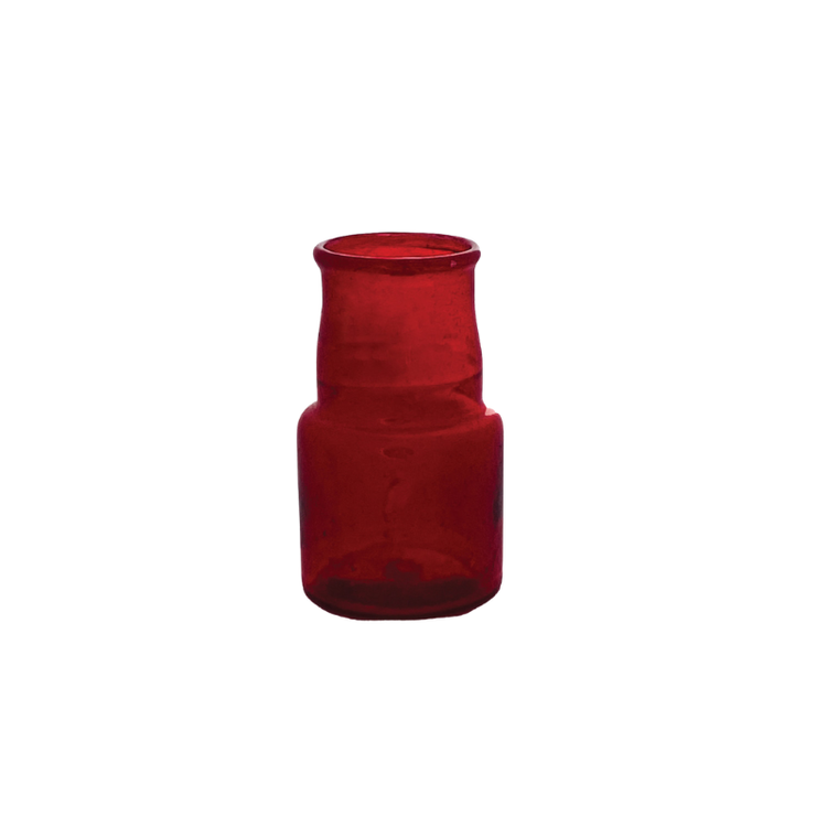 Hand-blown ruby red glass bud vase with a tapered neck and cylindrical base.