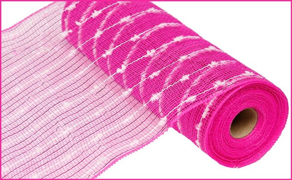 10.25 inch by 10 yard hot pink metallic puff ball mesh ribbon roll with white accents.