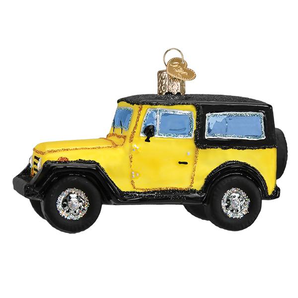Yellow and black glass sport utility vehicle Christmas ornament with glitter accents.