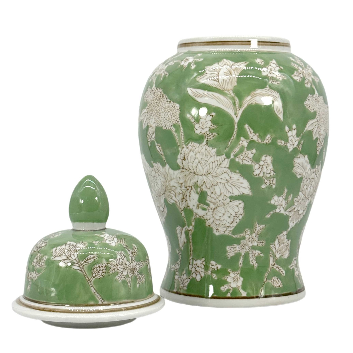 14-inch green and white chinoiserie ginger jar with floral pattern and matching lid.