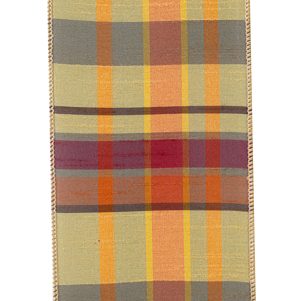 Plaid Barry Tierra Dupioni wired edge ribbon with tan, orange, and red woven textured patterns.