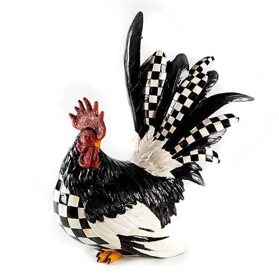 Handmade resin rooster figurine with a courtly check pattern in red, black, and cream tones.