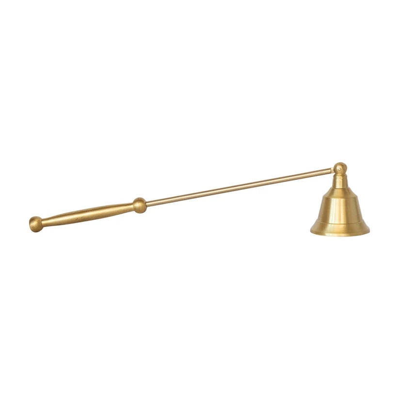 Brass candle snuffer with a curved handle and cupped end.