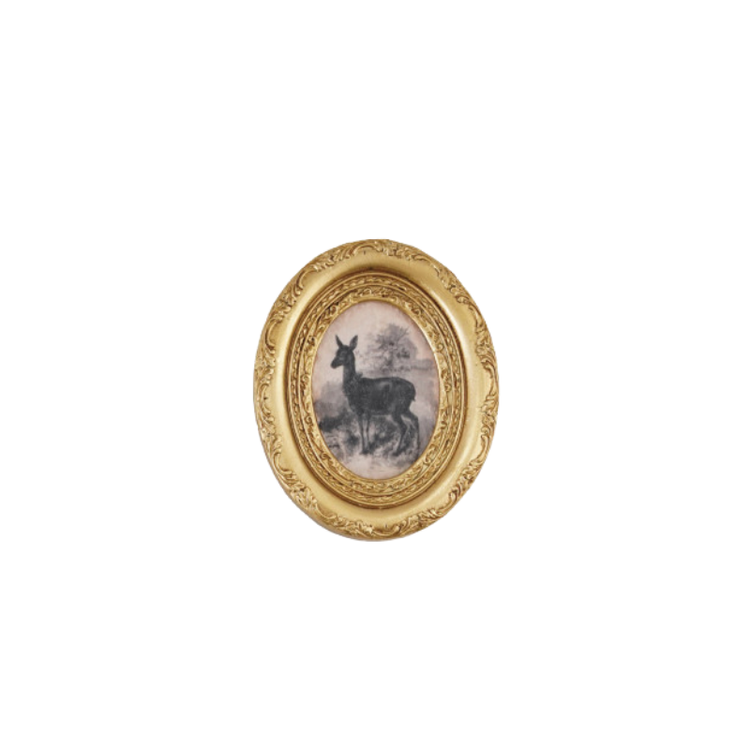 Miniature gold-framed resin magnet featuring a vintage-style black and white deer illustration.