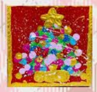 Twinkle Tree 10x20: A festive, textured Christmas tree artwork with colorful ornaments and a golden star topper on a red background.