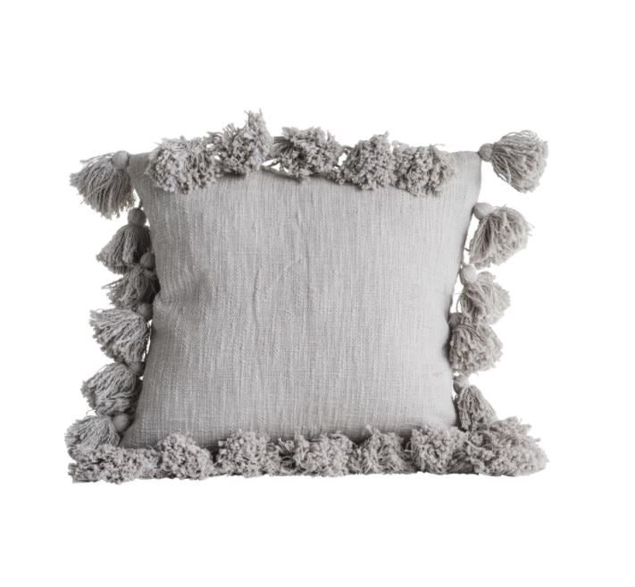 Grey woven cotton square pillow with tassels