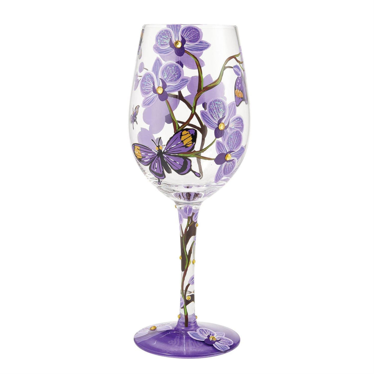 Lolita wine glass with hand-painted floral designs, glitter accents on blown glass base holding a cocktail recipe.