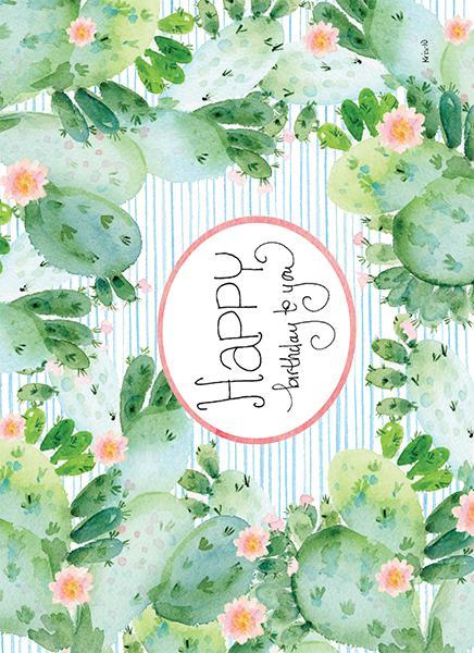 Watercolor birthday card with prickly pear cacti and pink flowers on a blue striped background. Text reads "Happy birthday to you."