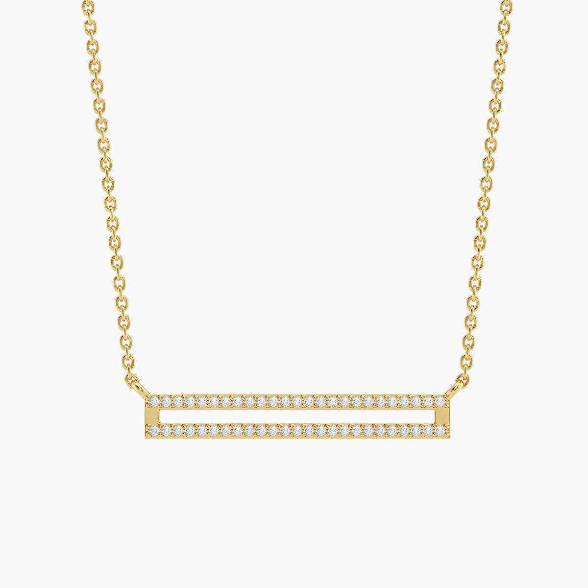 Gold-plated bar pendant necklace with two rows of small diamonds on a delicate chain.