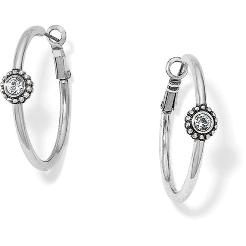 Silver plated medium hoop post earrings with lever back closure featuring fine quality crystal accents.