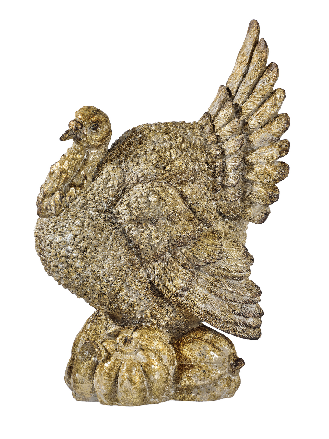 15.5-inch gold-finished resin harvest turkey figurine standing on decorative gourds.