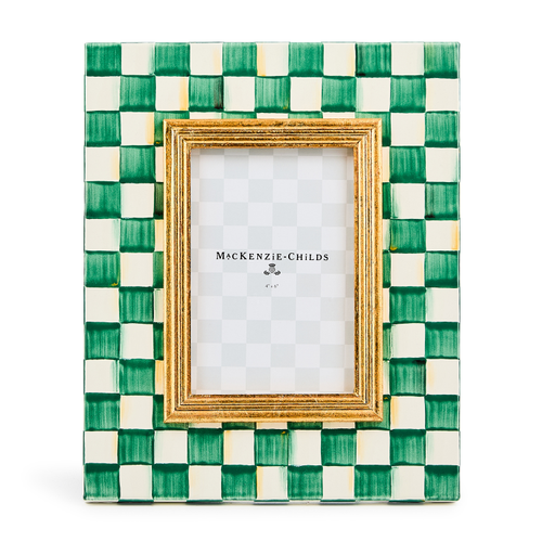 Hand-painted emerald check steel frame with glass pane holding a photo.