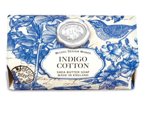 Michel Design Works Indigo Cotton shea butter soap bar with blue floral and bird pattern.