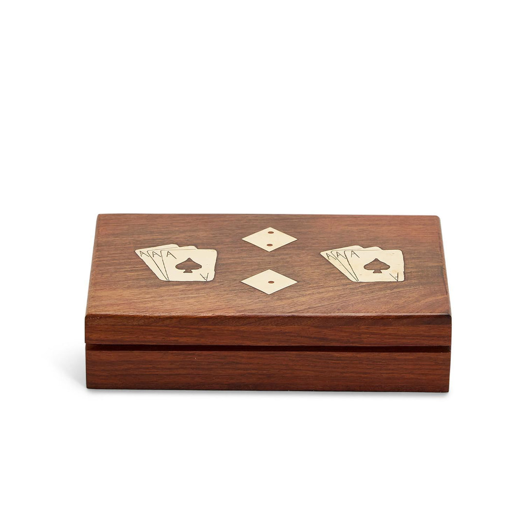 Hand-crafted acacia wood box with brass inlays of three aces and dice on the lid.
