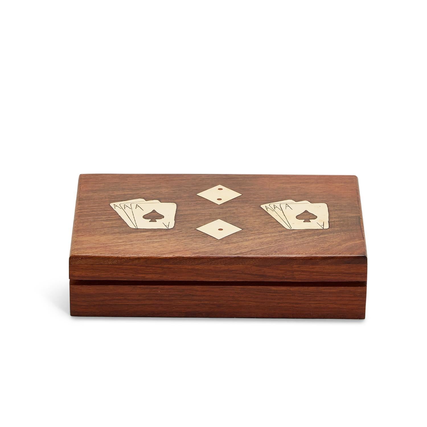Hand-crafted acacia wood box with brass inlays of three aces and dice on the lid.