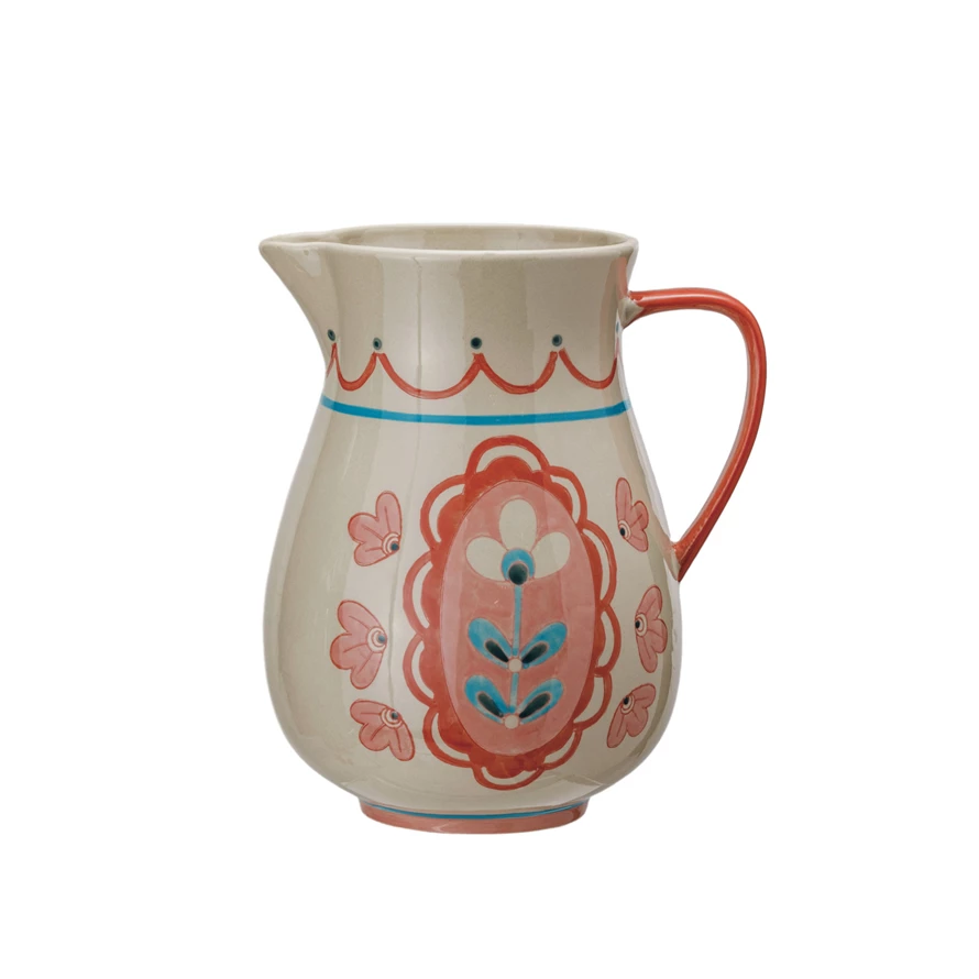 3 Quart Hand-Painted Stoneware Pitcher with Flowers