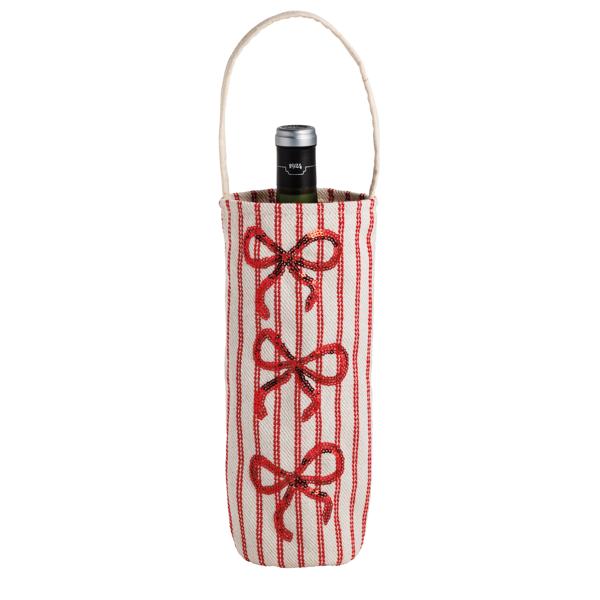 Canvas wine bag with red and white stripes and three red sequin bows holding a wine bottle.