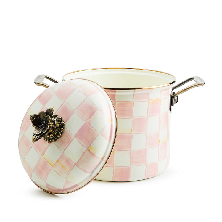 Rosy Check 7 Qt. Stockpot with hand-painted pink and white checks and a floral brass knob.