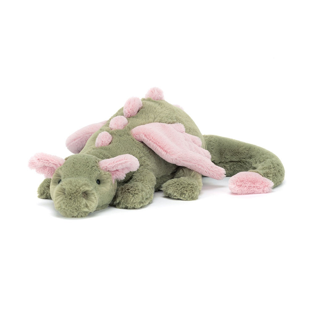 Malachy Dragon plush toy in sage green with soft pink wings, ears, and back spines.