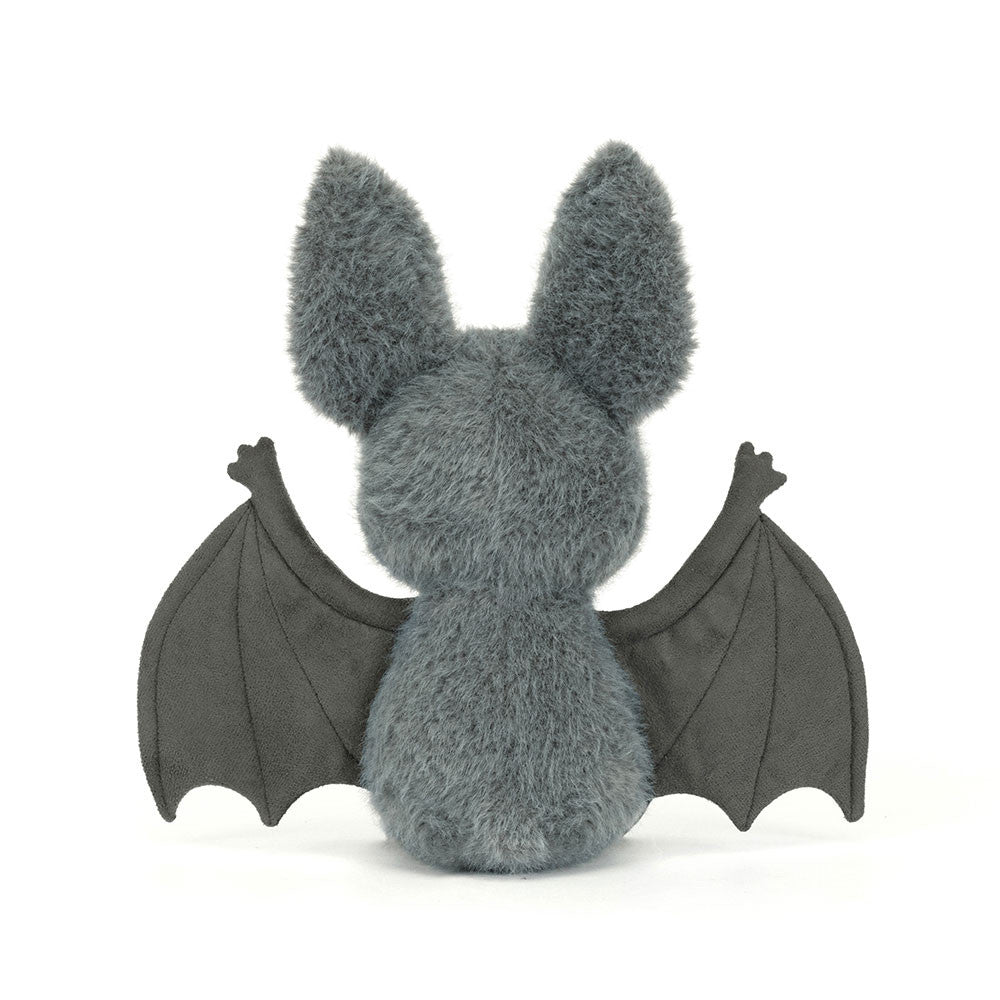 Back view of Broox Bat, a fuzzy grey plush bat with large ears and spread wings.
