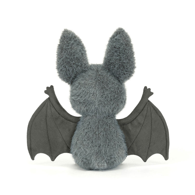 Back view of Broox Bat, a fuzzy grey plush bat with large ears and spread wings.