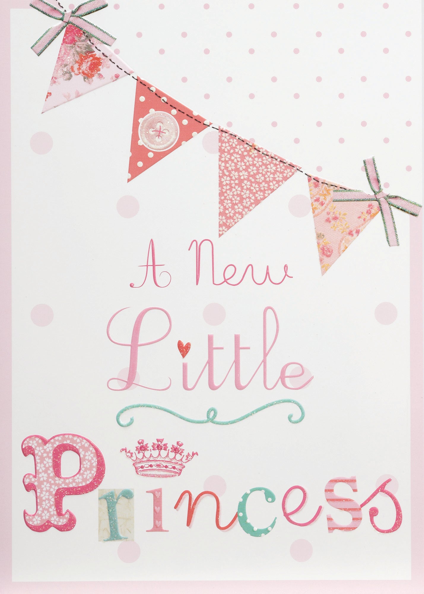 A New Little Princess greeting card with pink bunting, a crown, and glittery embossed text.