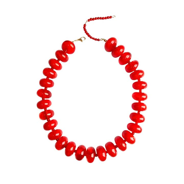 Bailey Chunky Beaded Necklace featuring large, glossy red marbled beads in a statement design.