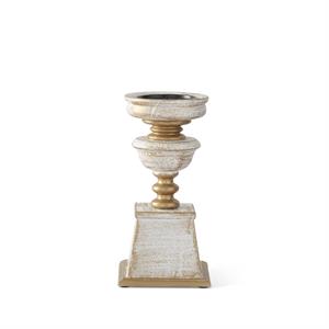 Whitewashed gold wood candleholders on a square base with natural grain texture
