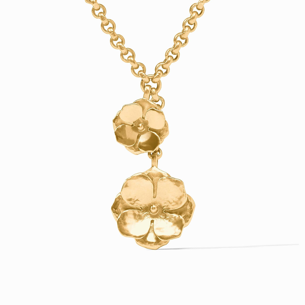 Bloom Lariat Necklace in 24K gold plate featuring two tiered flower pendants on a link chain.