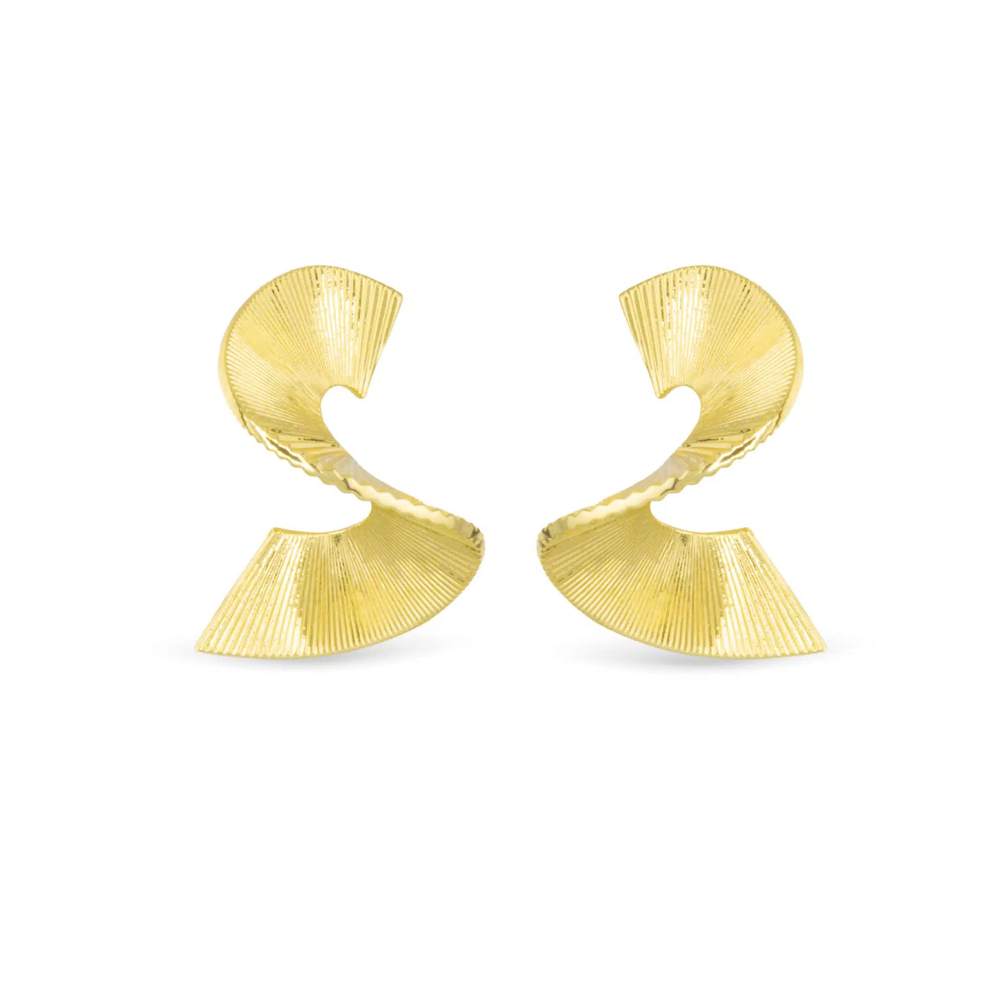 Gold Polished Regan Earrings featuring a sculptural, twisted fan-like design with a ribbed texture.
