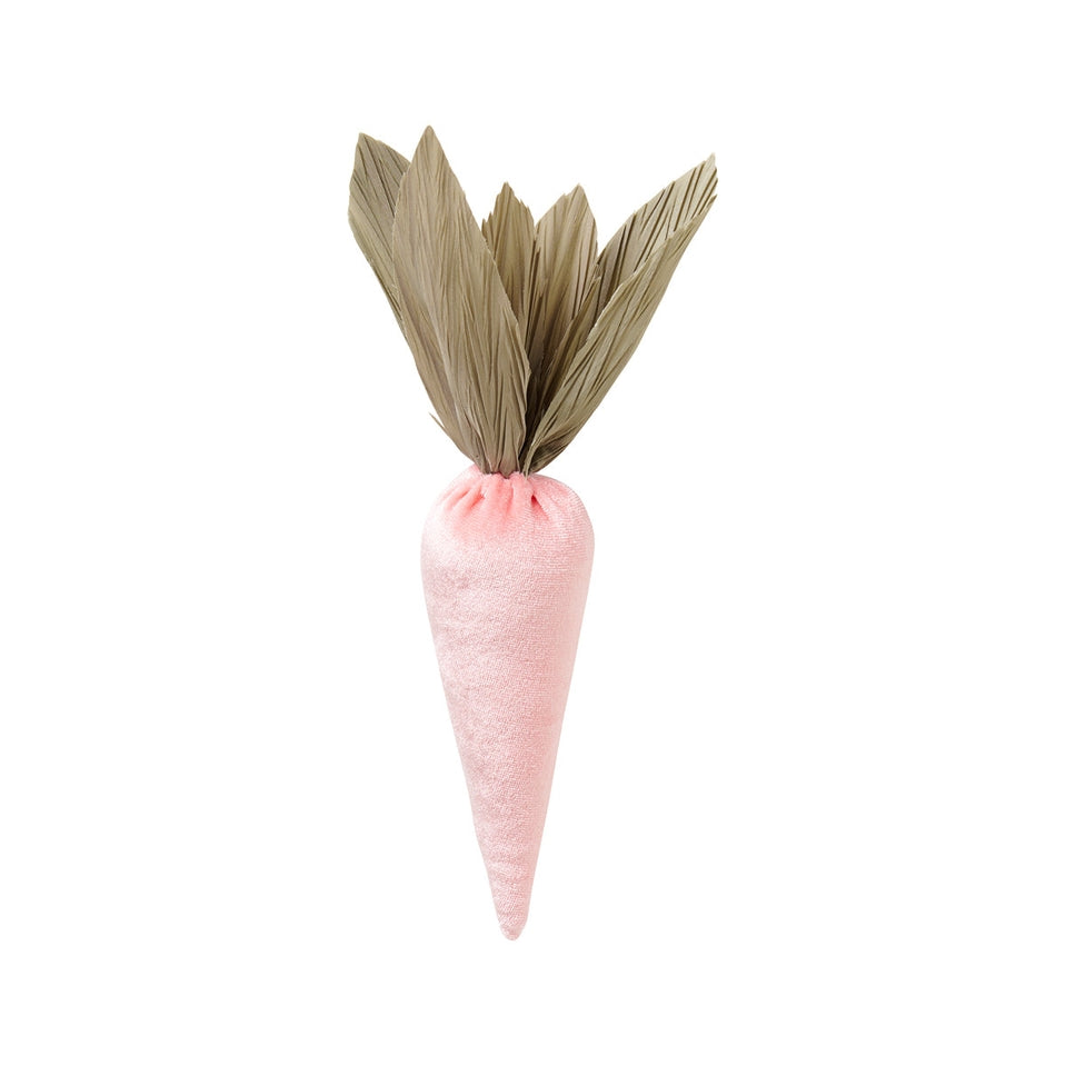 Easter Velvet Carrot plush toy in orange velvet with green leaf stem silhouette.