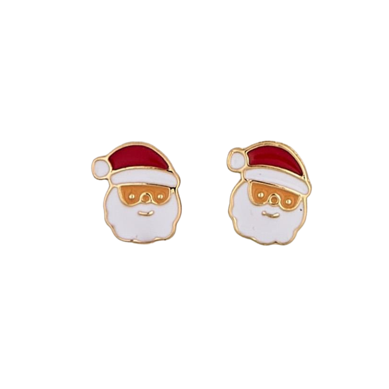 A pair of gold-toned enamel stud earrings shaped like Santa Claus wearing sunglasses.