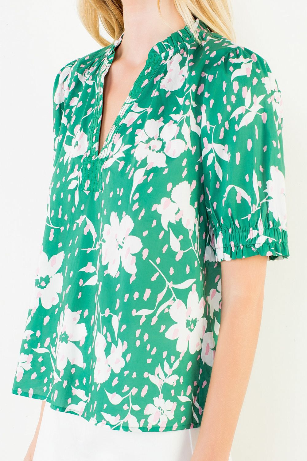 Hannah Floral Print With Ruffled Neck And Sleeve Top