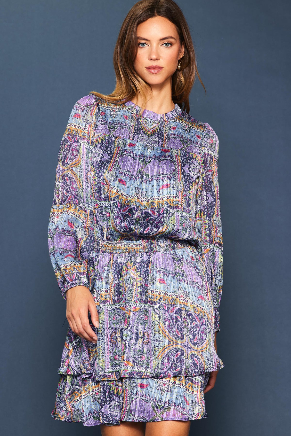 Lydia long sleeve mini dress in black polyester with white floral print.