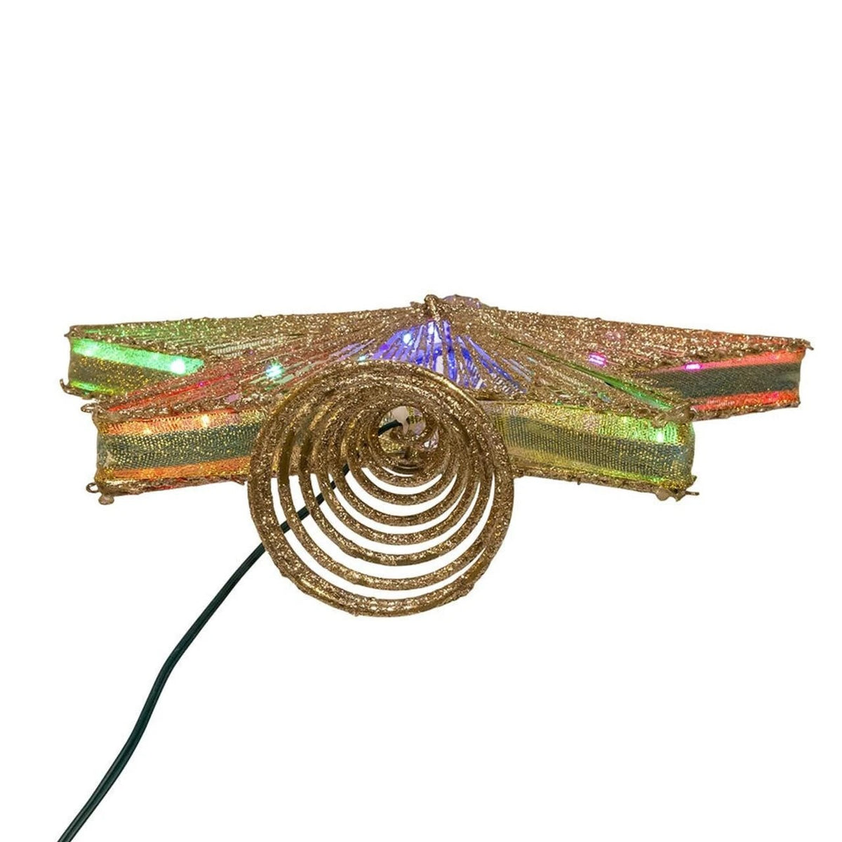11.5-inch gold glitter star tree topper with multicolor LED lights and a spiral base.