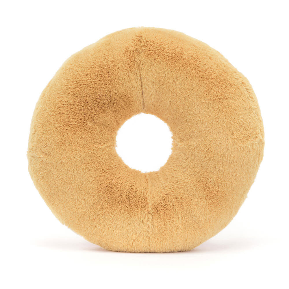Jellycat Amuseable Doughnut plush toy with golden polyester dough, berry-pink icing, rainbow sprinkles, and cordy fudge boots.