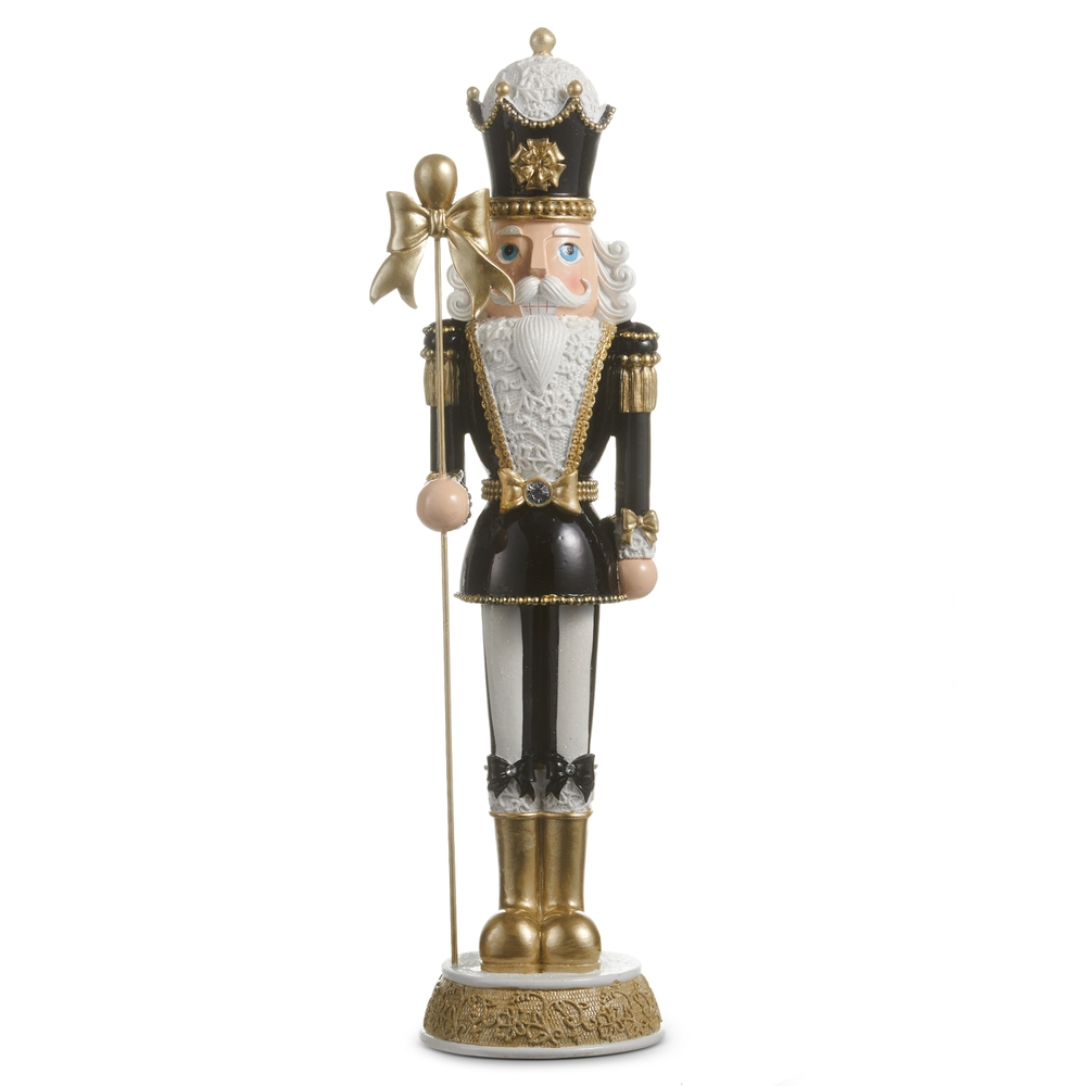 17.75-inch nutcracker in black and white with gold accents, holding a staff with a gold bow.