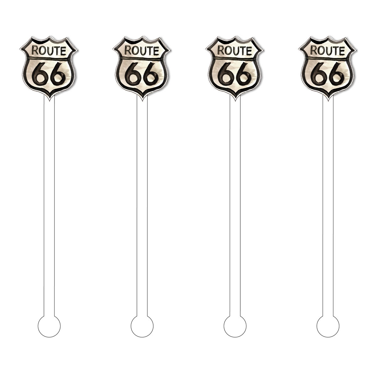 Set of four 6-inch clear acrylic stir sticks topped with vintage-style Route 66 shield signs.