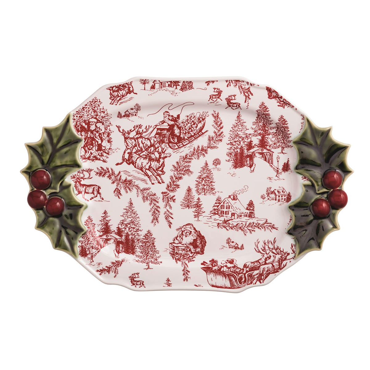 Stoneware holly serving platter with red toile Christmas scenes and 3D holly leaf handles.